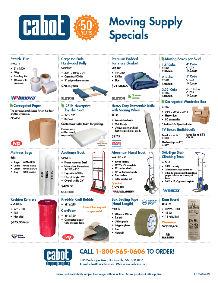 Cabot Shipping - Moving Supply Specials Flyer
