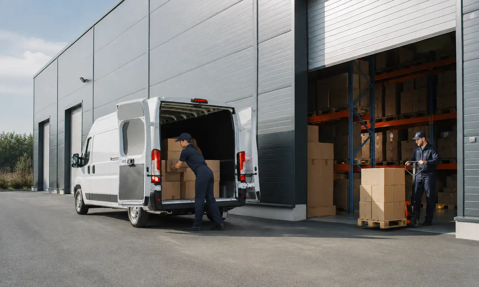 Warehouse team working in a storage aisle