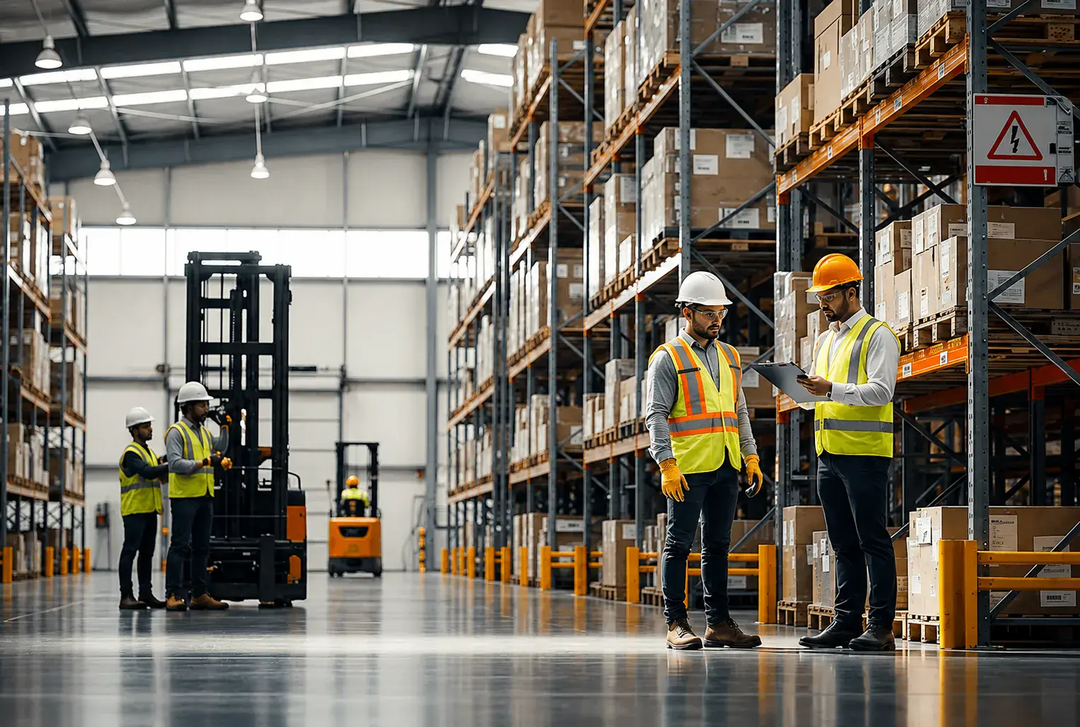 Warehouse team working in a storage aisle