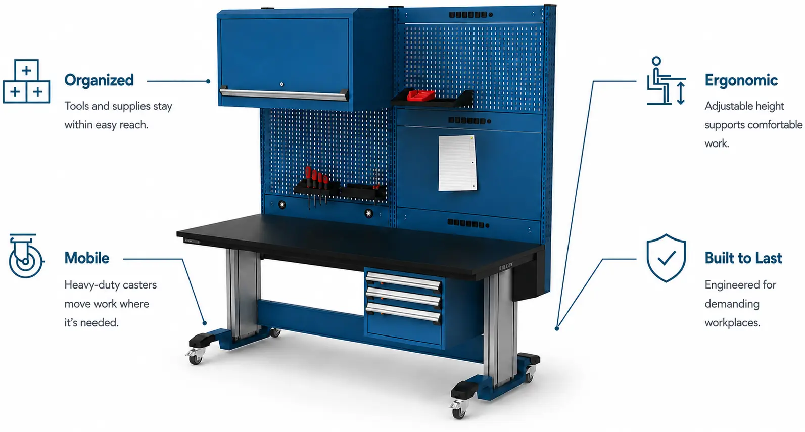 Rousseau modular workstation with organized, mobile, ergonomic, and durable features