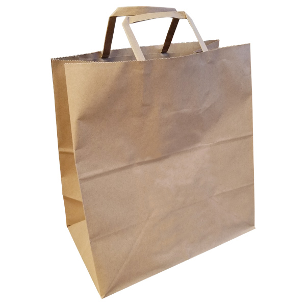 0190110 - PAPER BAG CARRY OUT W/FLAT HANDLES : 11"W x 6-3/4"D x 12"H, kraft, standard duty, case of 250 bags