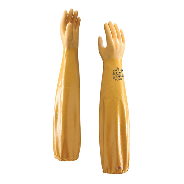 772-08 - GLOVES NITRILE W/26" SLEEVE MED : medium (8), 25.6" length, latex coating, rough grip