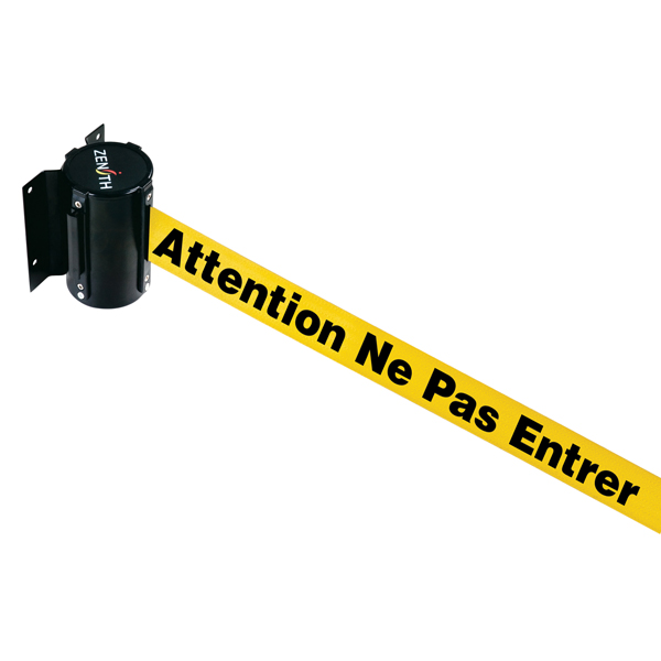 CSSDN555 - BARRIER WALL MOUNT YELLOW : 7' tape length, 3-5/8"L x 3"W x 5-5/8"H, "attention ne pas entrer" printed yellow tape