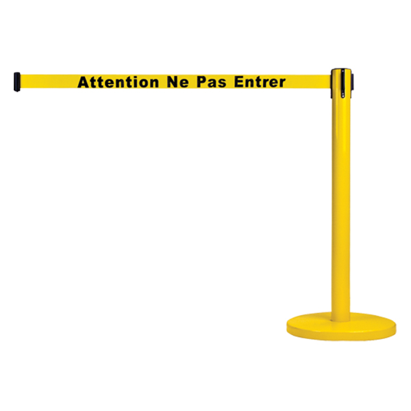 CSSEE818 - BARRIER CROWD CONTROL YELLOW TAPE : 35" height, 7' tape length, "attention ne pas entrer" printed yellow tape