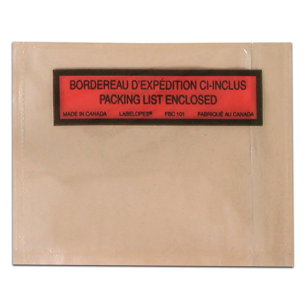 FBC101 - PACKING SLIP  4.5" X 5.5" BIL : "Packing List Enclosed", 4" x 5", clear panel, bilingual