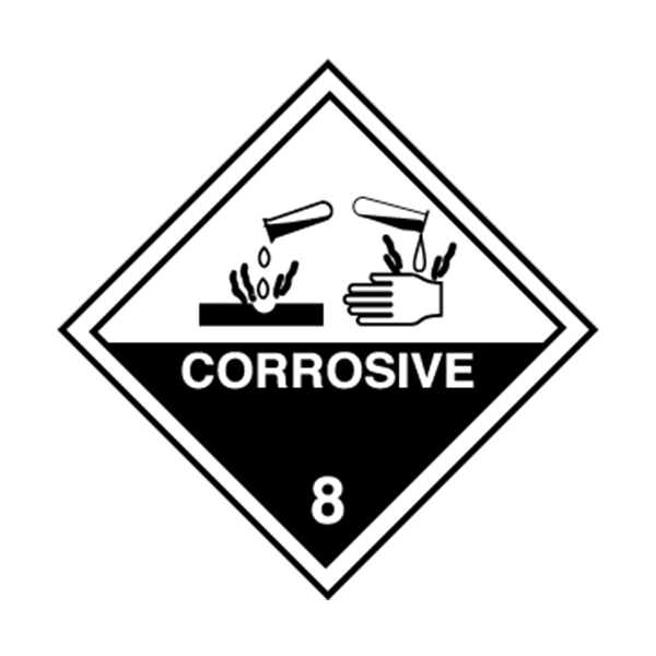 LBDCN13 - LABEL HAZ "CORROSIVE" CLASS 8 : 4" x 4", black on white gloss paper