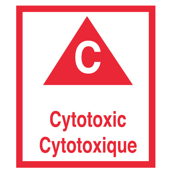 LBLDG13 - LABEL HAZ "CYTOTOXIC" BILINGUAL : 3-1/2" x 3-1/2", red 185 on white gloss paper