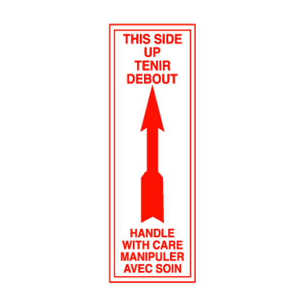 LBLEF117 - LABEL THIS SIDE UP H.W.C. : 2" x 5", red 185 on white gloss paper, bilingual