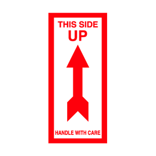 LBLRW173 - LABEL THIS SIDE UP W/ARROWS : 2-1/4" x 5", red 185 on white gloss