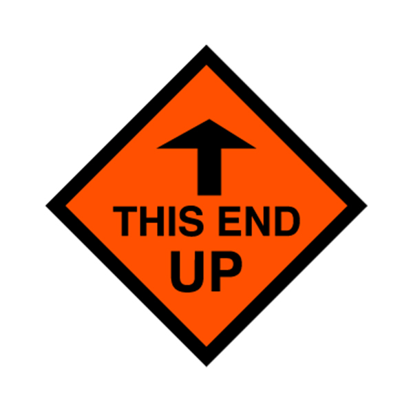 LBLTHEP - LABEL THIS END UP : 3" x 3", black on fluorescent red