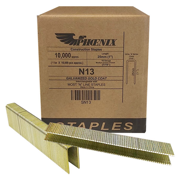 N13 - STAPLES 1" LEG X 7/16" CROWN 16 GA. : 1" leg, 7/16" crown, galvanized, 10,000 staples/box