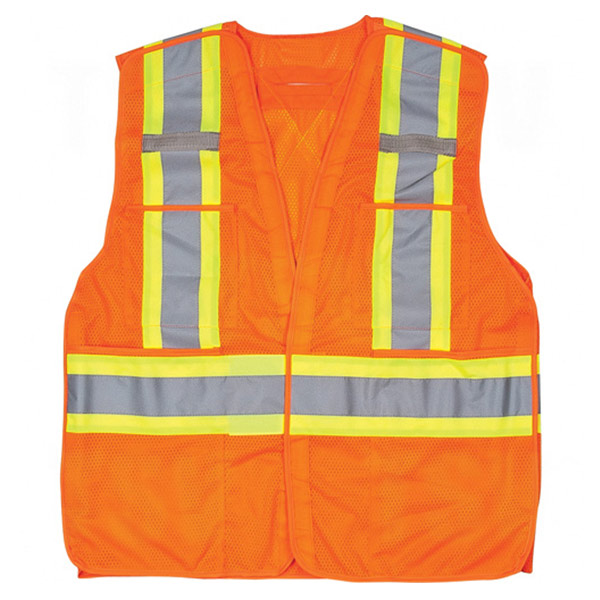 SEF10 - VEST SAFETY ORANGE SURVEYORS : high visability orange, silver/yellow stripe, polyester