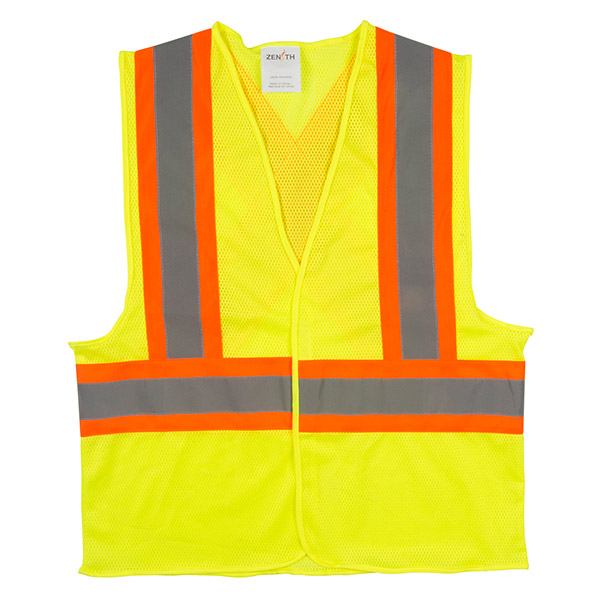 SGI27 - TRAFFIC SAFETY VEST CSA : high visability lime yellow, orange and silver stripe, polyester