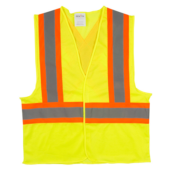 SGI27 - TRAFFIC SAFETY VEST CSA : high visibility lime yellow, orange and silver stripe, polyester